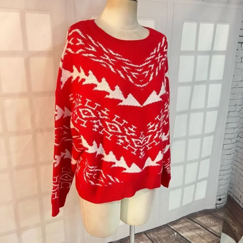 Express NWT Red White Aztec Crew Neck Cotton Blend Pullover Sweater Medium